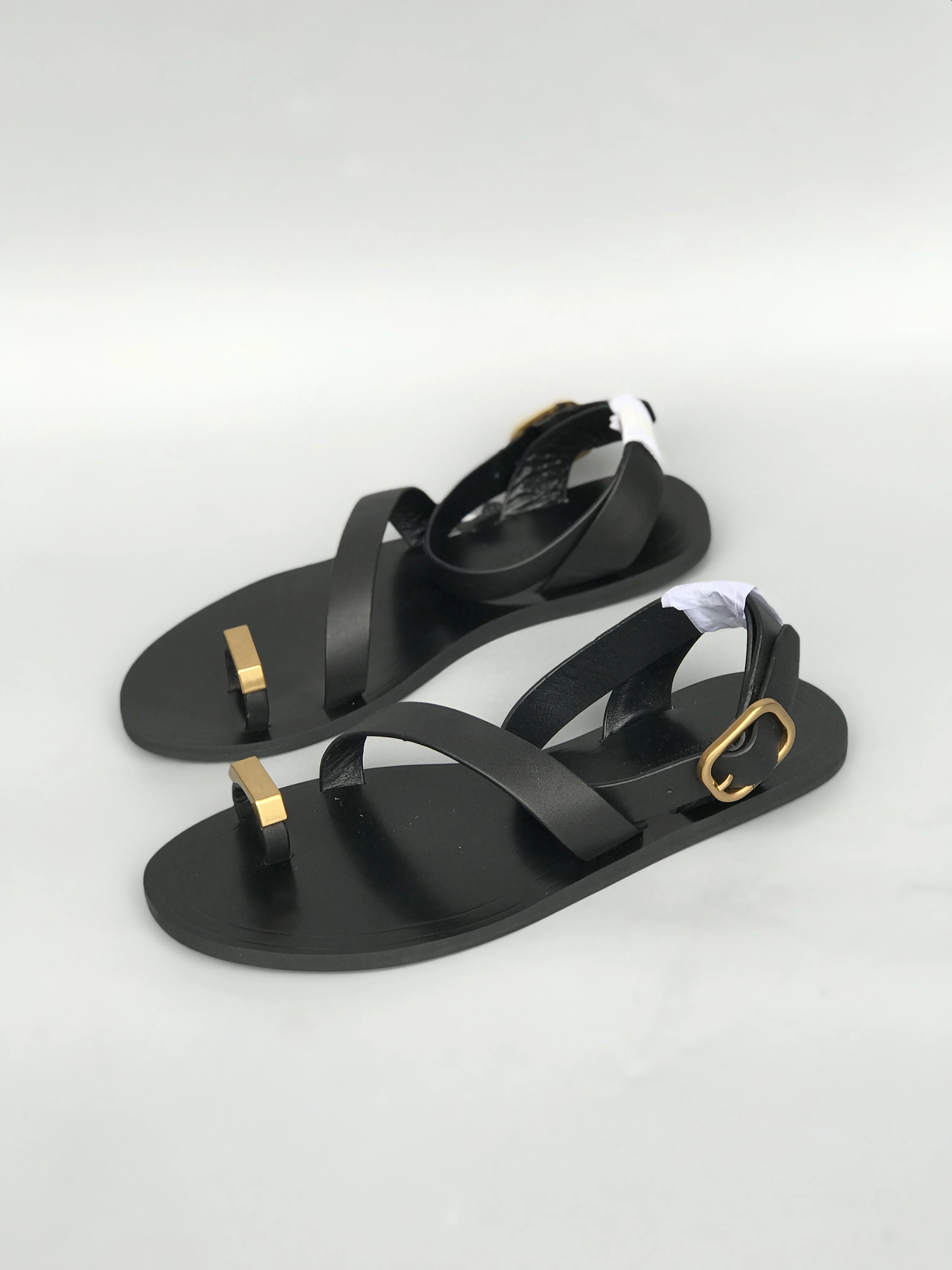 2024 Summer Genuine Leather Ankle Strap Gladiator Sandals For Women Gold Thong Toe Women Flat Sandals Casual Beach Shoes Woman