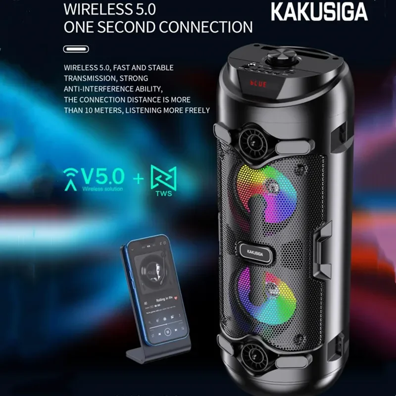 KAKUSIGA Popular Boom Box 360 Degrees Surround Sound AUX TWS BT TF Play Modes Flame Lamp BT5.0 Wireless Bluetooth Speaker