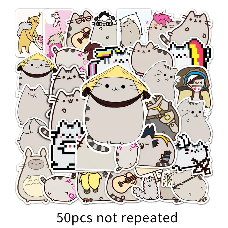 Pusheen Cat Stickers 50PCS DIY Phone Case Boot Laptop Decorations Sticker Cartoon Anime Children\'s Toys Kids Birthday Cute Gifts