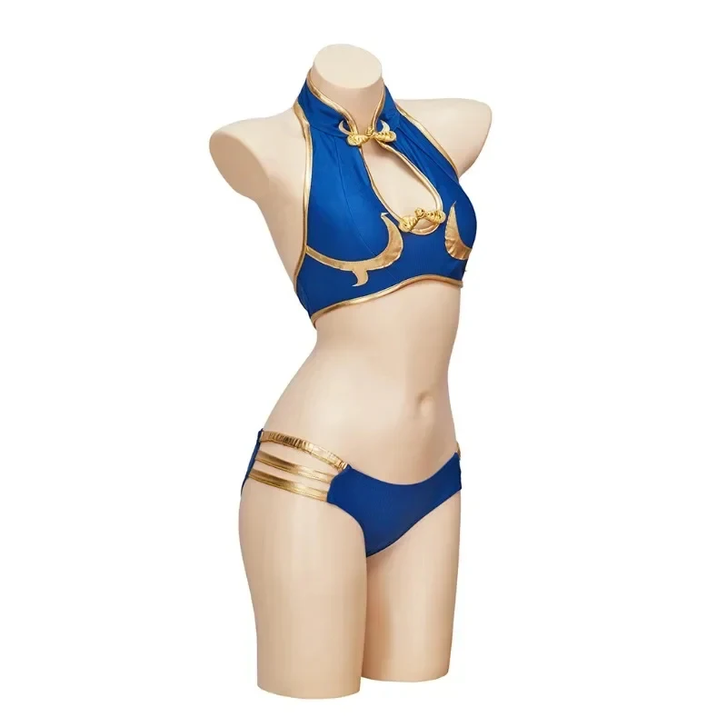 ✦2026✦Game Chun Li Bikini Cosplay Costume Sexy Blue Qipao Swimsuits with Headgears for Women Carnival Party Pool Parties Anime ✦ view 4