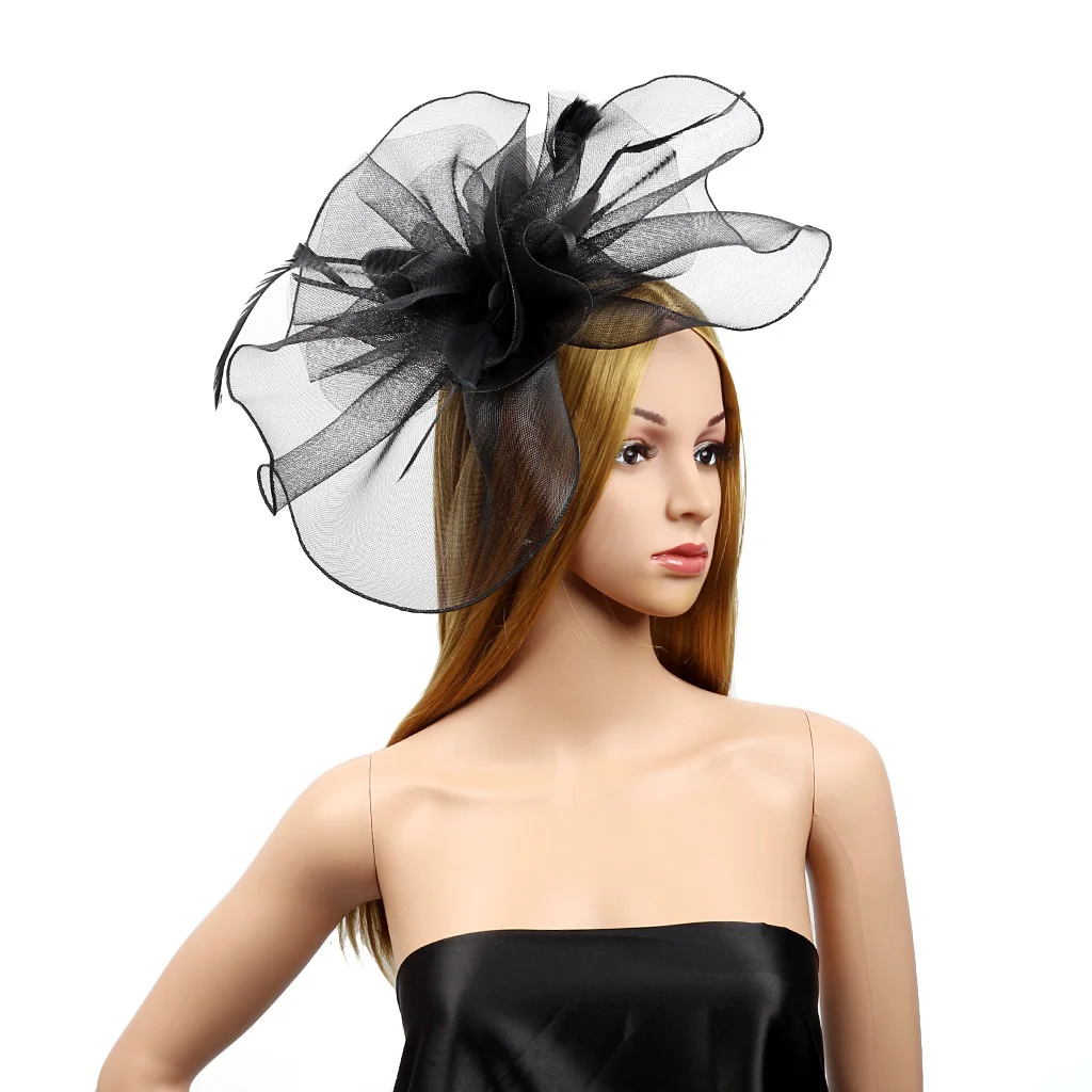 Bridal Organza Feather Fascinator Hat For Women Wedding Party Mesh Yarn Flower Headwear Kentucky Derby