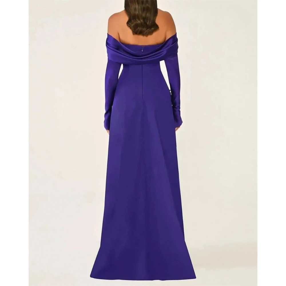 Fioletowa Sukienka Wieczorowa Szyta na Miarę z Dżerseju, Odkryte Ramiona, Długi Rękaw, Elegancka Sukienka na Imprezę dla Kobiet, Krój A-Line, Długa do Podłogi, Suknia na Bal
