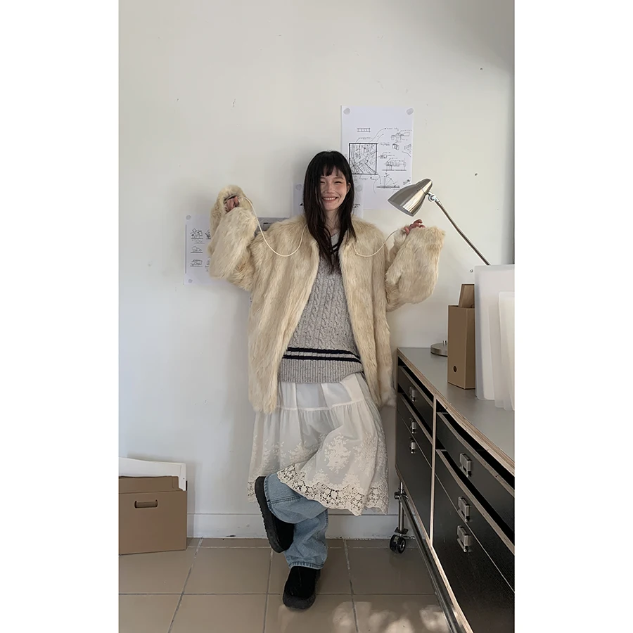 

Hellooo Eat Korean Style Eco-Friendly Fur Coat Warm Mid-Length Integrated Leather And Fur Winter Outerwear for Women