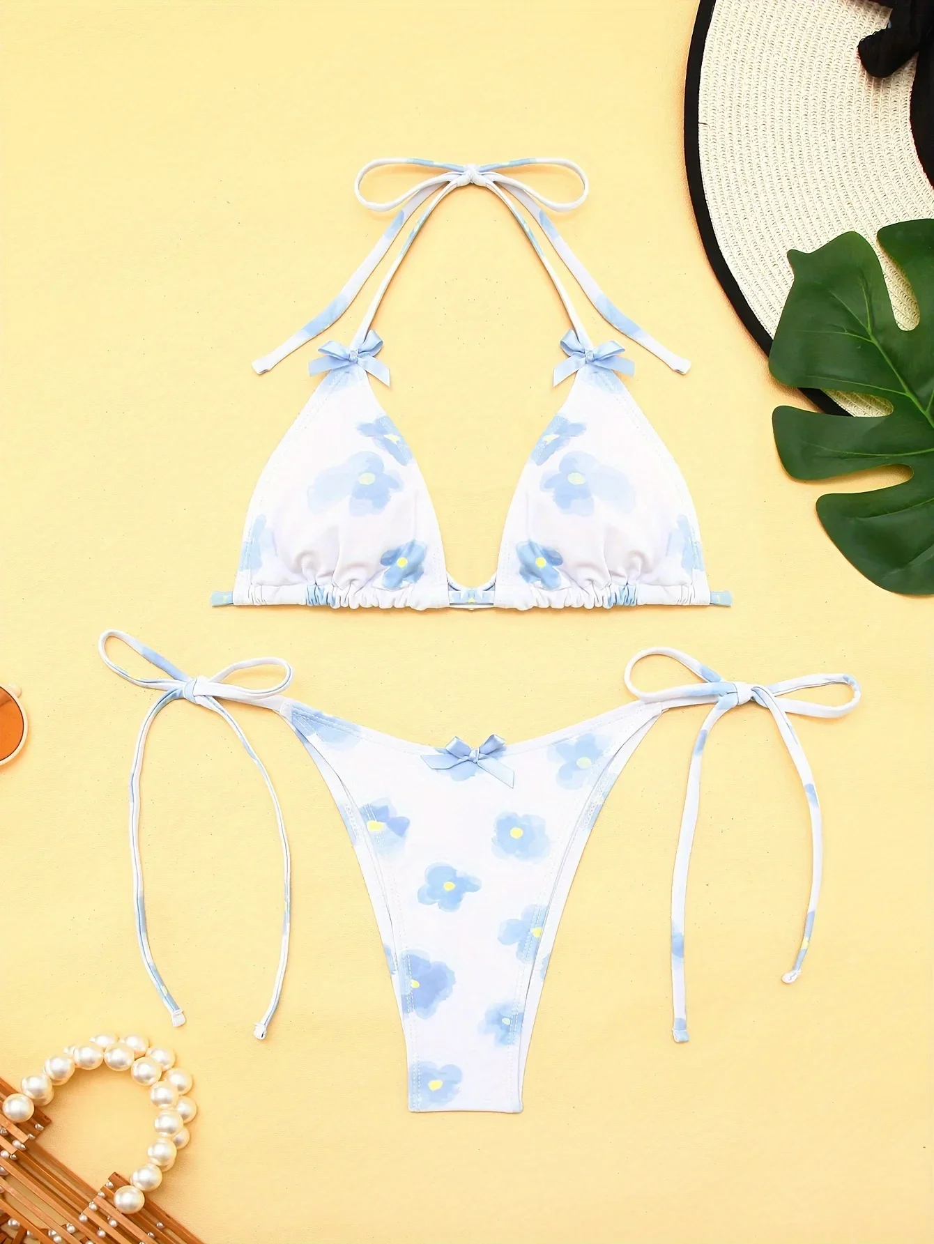 Women's Swimsuit Halter Bikini Sets Bow Decor Floral Print Bikini Swimsuits Tie Side Triangle Bathing Suits Backless Swimwear