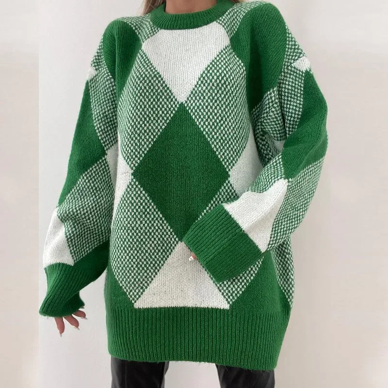 2023 Half-Turtleneck Pullover Sweater Loose Green Diamond Checkered Sweater Long Sleeve Casual Fashion Commuter Style