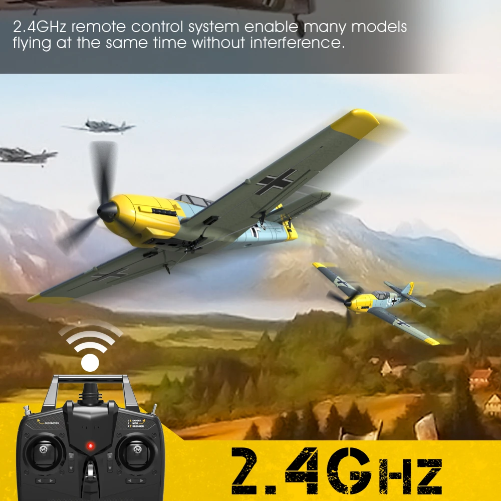 Eachine-miniavión teledirigido BF109 V2, 2,4 GHz, 4 canales, 400mm, envergadura, 6 ejes, una tecla, giro en U, sistema de estabilización aerobático Xpilot, EPP