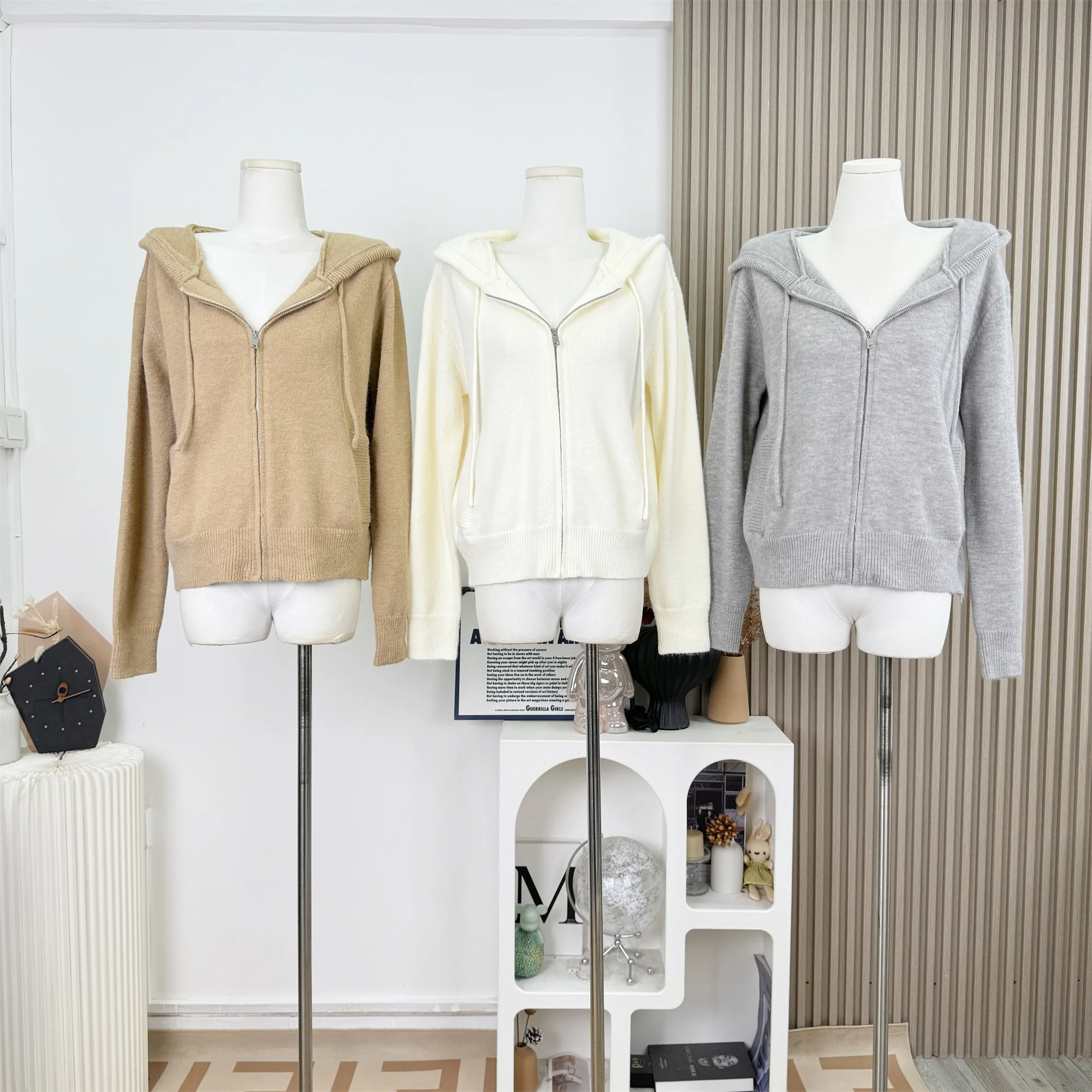 

Корейский стиль, повседневный свободный крой, вязаный кардиган, пальто с капюшоном на молнии, женский осенне-зимний однотонный свитер, куртка F243