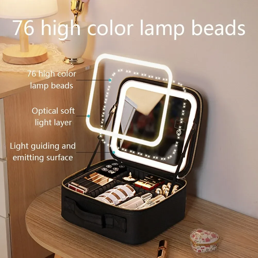 Custodia cosmetica Smart LED borsa per il trucco con specchio scomparto di grande capacità scatola cosmetica da viaggio in pelle PU impermeabile per