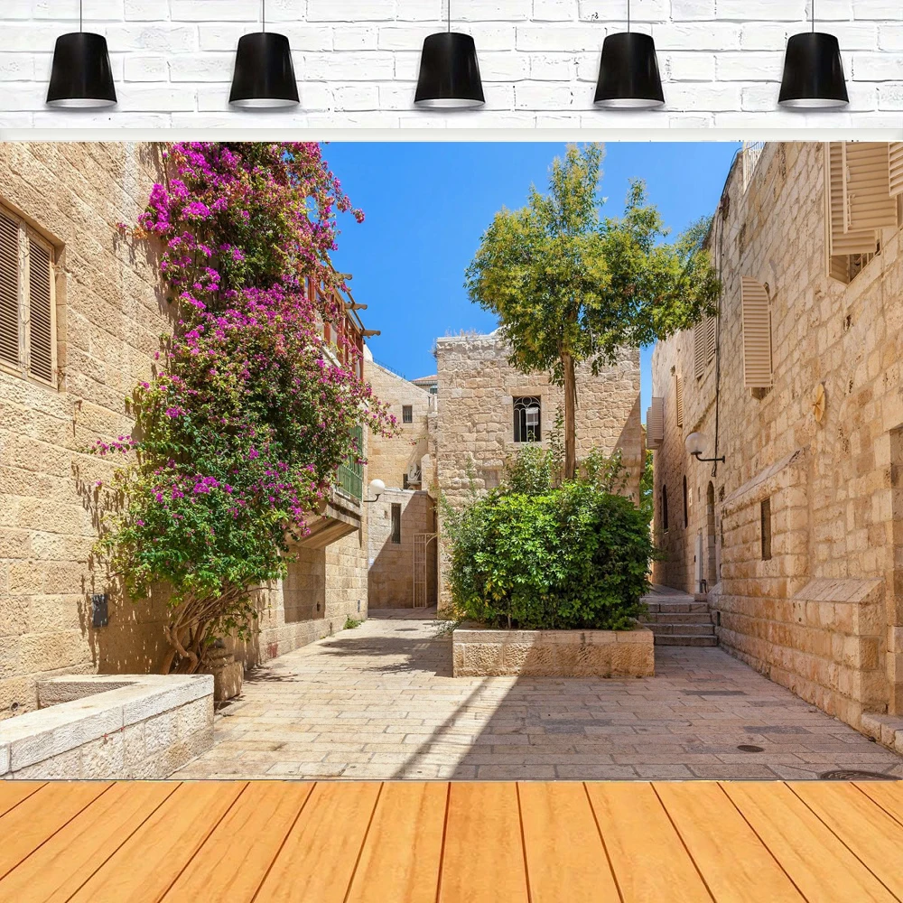 خلفية تصوير شارع مدينة القدس، شارع مرصوف بالحصى، القرية القديمة، منازل الحجر القديم، زهور الربيع، خلفية المدينة