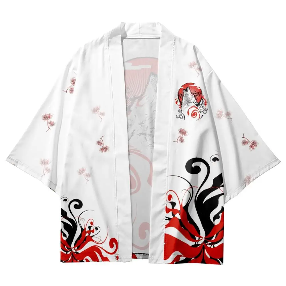 Women Men Cosplay Haori Japanese Fashion Anime Wolf Print Samurai Kimono Casual Beach Cardigan White Yukata Asian Clothing