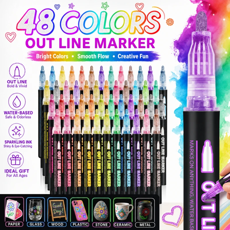 8-48 Color Double Line Outline Art Pen Marker Pen DIY Graffiti Outline Marker Pen Highlighter Scrapbook Diary Poster Card