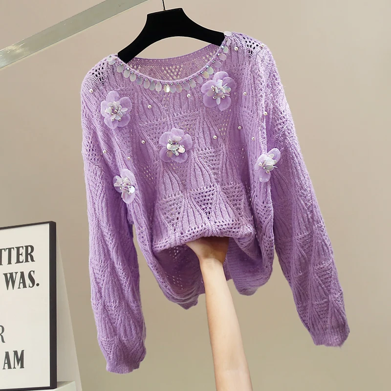 

Корейский вязаный свитер с объемными 3D цветами, свободный крой, длинный рукав, универсальный, модный, осенний, теплый, с круглым вырезом, топ