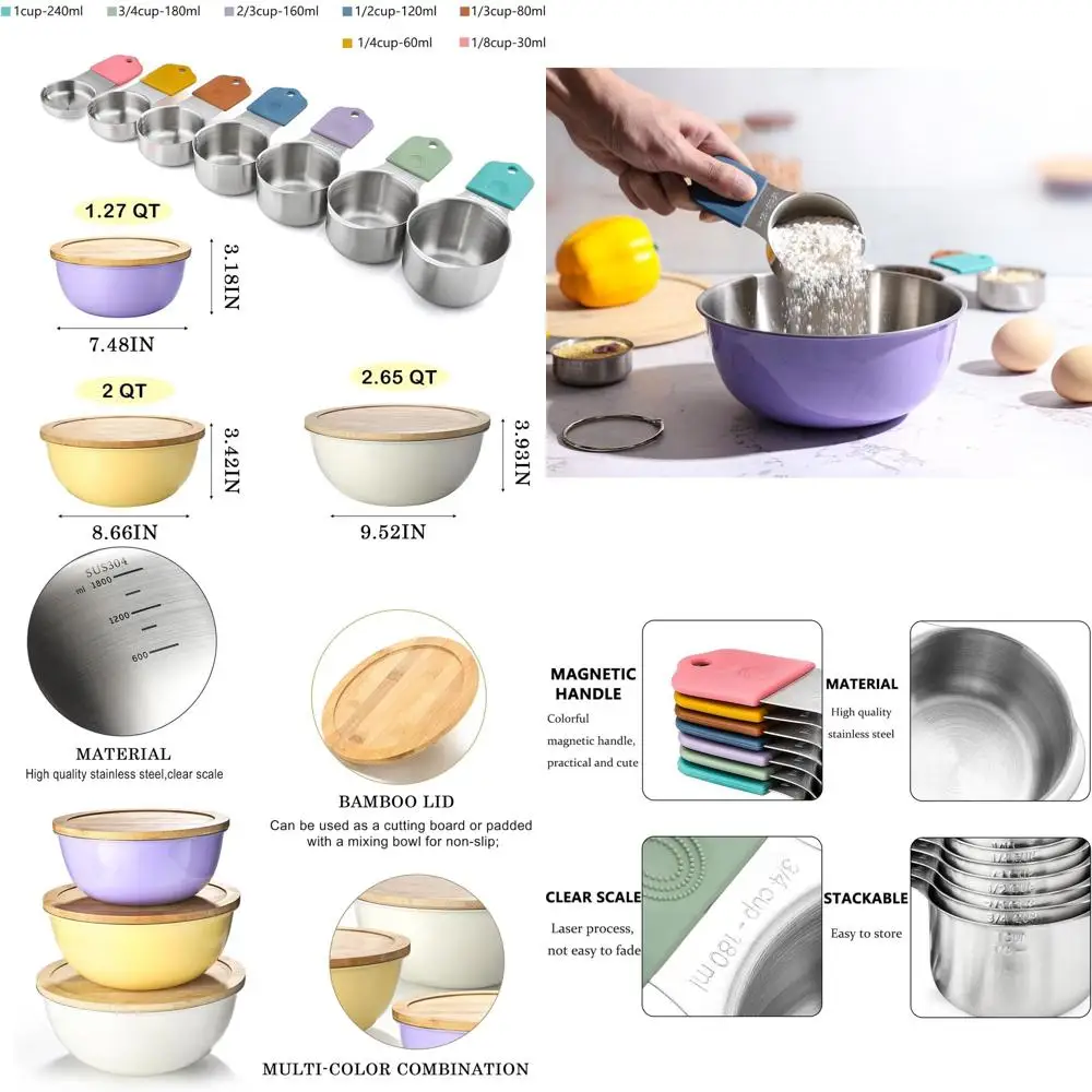 

7-Piece Stainless Steel Magnetic Measuring Cups Set with 3 Wooden-Lid Mixing Bowls for Kitchen Cooking and Baking