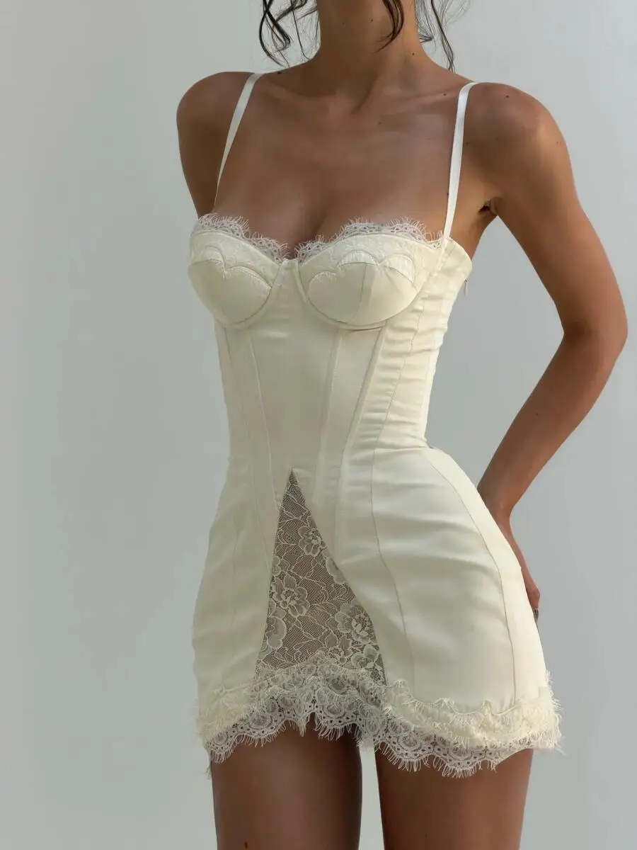 

Satin Fishbone Detailing Halter Dress Women French Style Sexy Slimming Belted Lace Summer Short Figure Hugging Y2K Daily