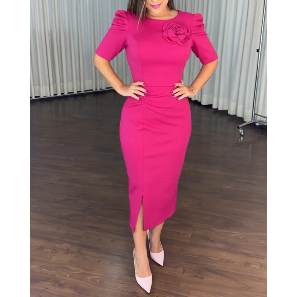 พัฟแขนBodyconชุดราตรียาวElegantชุด 3Dดอกไม้ตกแต่งRobe Longue Femme HemแยกMidiชุด