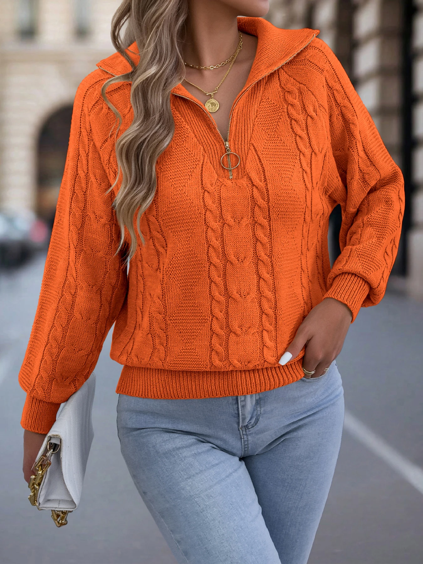 

Women's Casual Turn Down Collar Half Zipper Sweaters 2025 Autumn Winter Lantern Long Sleeve Twist Knitted Tops Orange Khaki Red