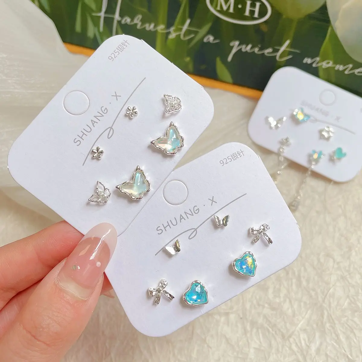 KADRUFI Summer Sea Blue Color Heart Butterfly Stud Earrings Set for Women Korean Fashion Sweet Rhinestone Tassel Earring Jewelry