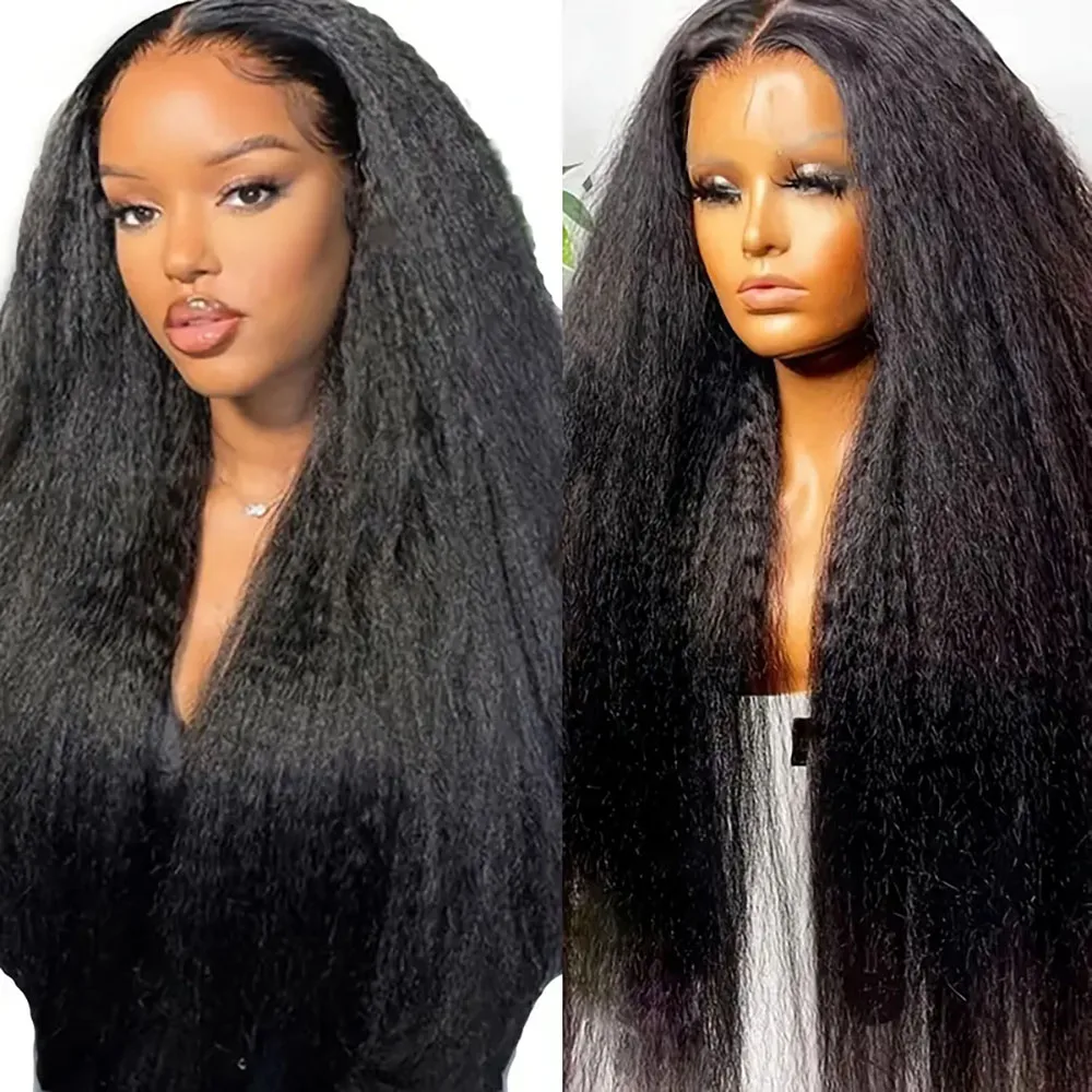 レースフロントウィッグ 女性用 キンキーストレート レースフロントウィッグ 人毛 1B #   女性のためのナチュラルカラーのかつら 5x5 13x4