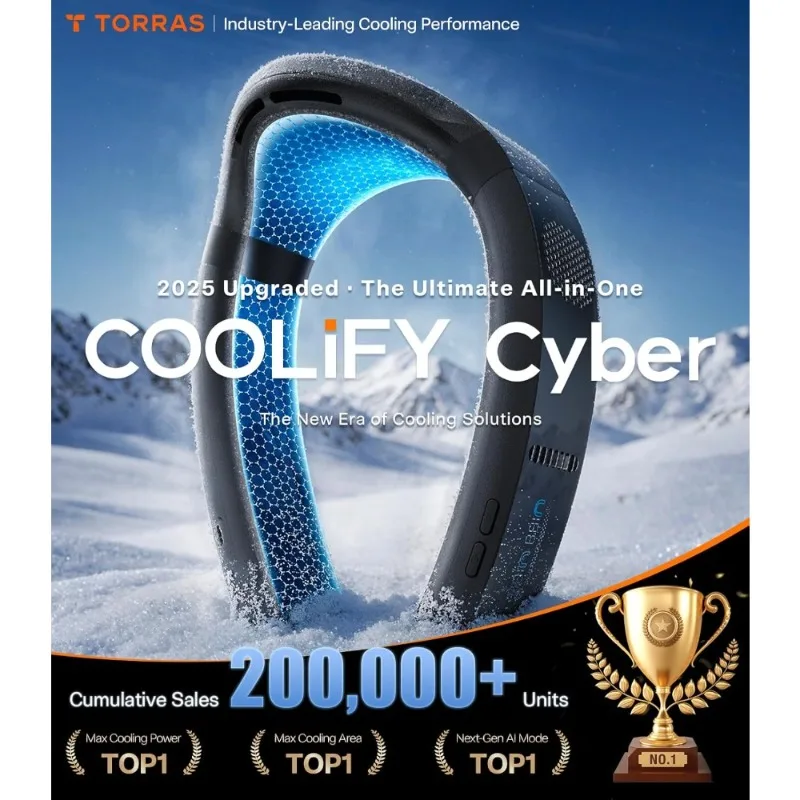 مطعم.2025 مكيف هواء Top Al Neck Fan Coolify Cyber، مراوح الرقبة المحمولة التي تهب الهواء البارد، رقم 1 أروع، 720 ° غامرة