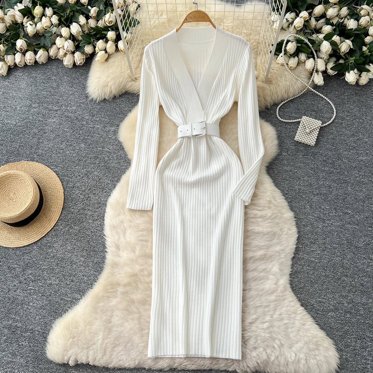 Realeft outono inverno malha frente com decote em v vestido envoltório feminino com cinto manga longa bainha sólida coreano vestido fino feminino
