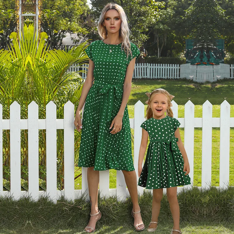 

SKMY 2024 New Mommy And Daughter Matching Clothes Dress Polka Dot Printed Summer Holiday Casual Loose Sleeveless Belted Dresses