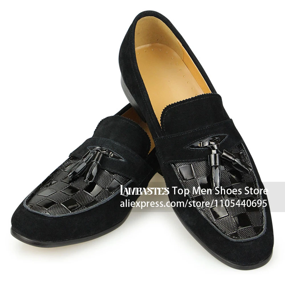 Matte Glossy Patchwork Business Loafers Mixed Texture Slip on Dress Shoes Tassel Decor Penny Strap Casual Leather Shoes for Men