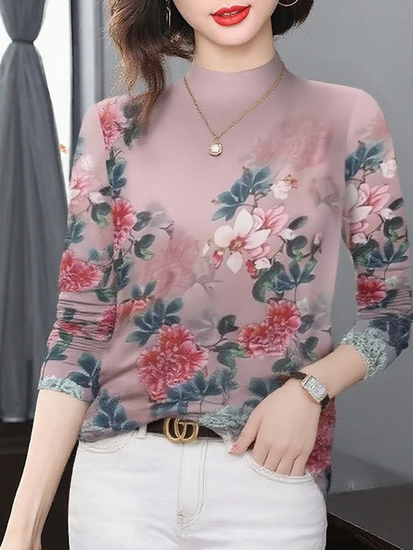 

Элегантный утепленный флисовый лонгслив с принтом и воротником-стойкой для женщин: омолаживающий, скрывающий живот, модный повседневный топ для мам