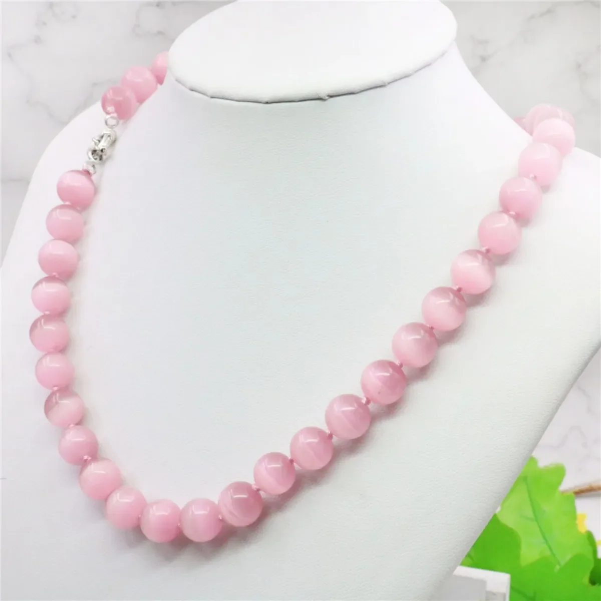 10mm Transparent Round Pink Mexican Opal Cat Eye Necklace Hand Made Rope Chain Beads DIY Jewelry Natural Stone Charming AAA