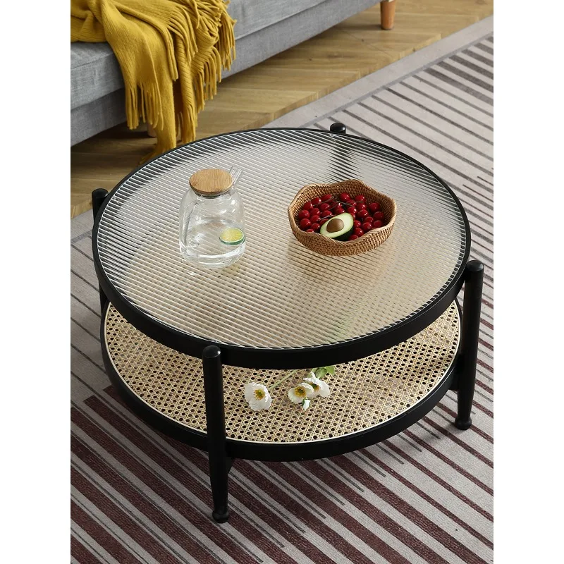 

Nordic Round Solid Wood Coffee Table Light Luxury Living Room Furniture Small Apartment Rattan Simple Japanese Side Table