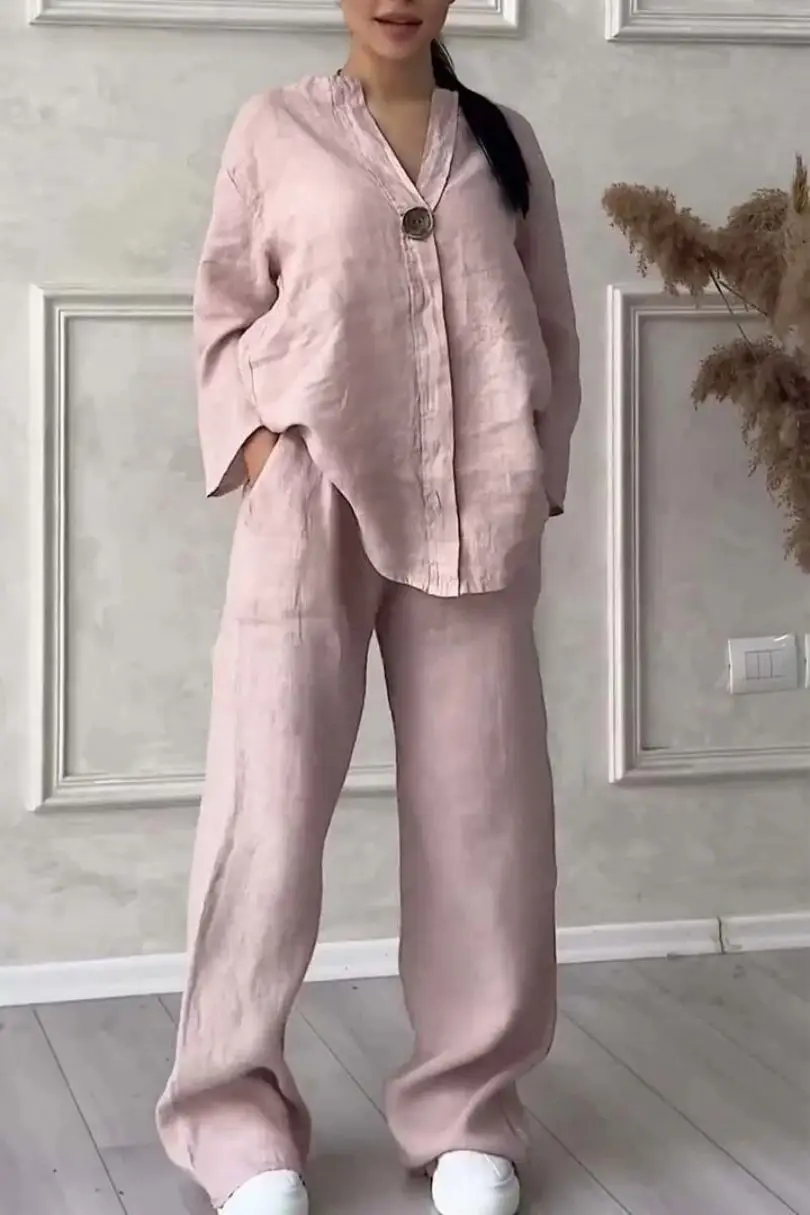 2024Summer Fashionista V-Neck Long-Sleeved Trousers Multi-Color Cotton And Linen Women's Suit Sets For Women 2 Pieces Pants Sets