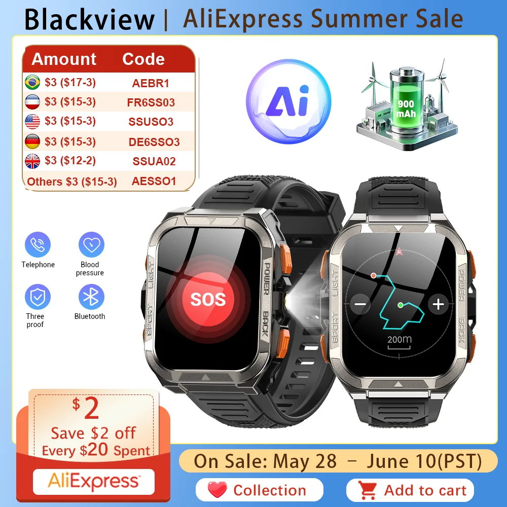Blackview W80 Pro Outdoor Smart Watch AI GPS Three Proof Blood Oxygen 1.91'' Display Flashlight Compass 900mAh Rugged Smartwatch
