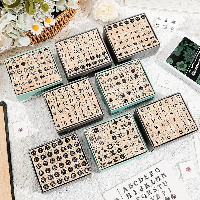 42 Beech Wood Seal Number Letter Geometric Shape Small Expression Base Wooden Hand Account Stamp sellos wax seal stamp
