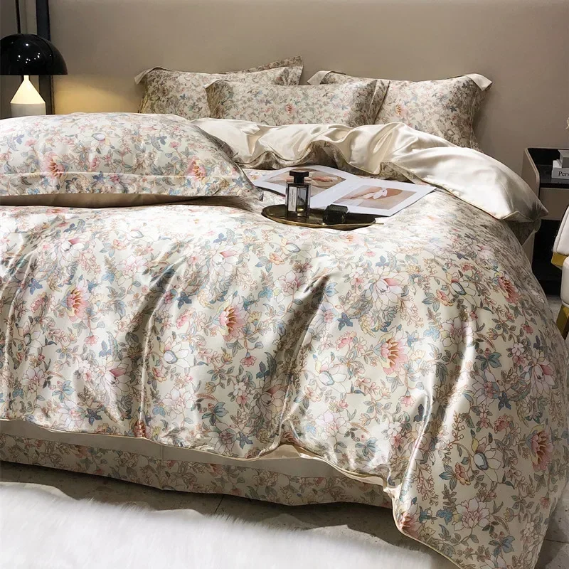 Floral Mulberry Silk Bedding Set with Duvet Cover Bed Sheet Luxury High-end Quilt Cover Fitted/Flat Bedsheet Double Queen Size