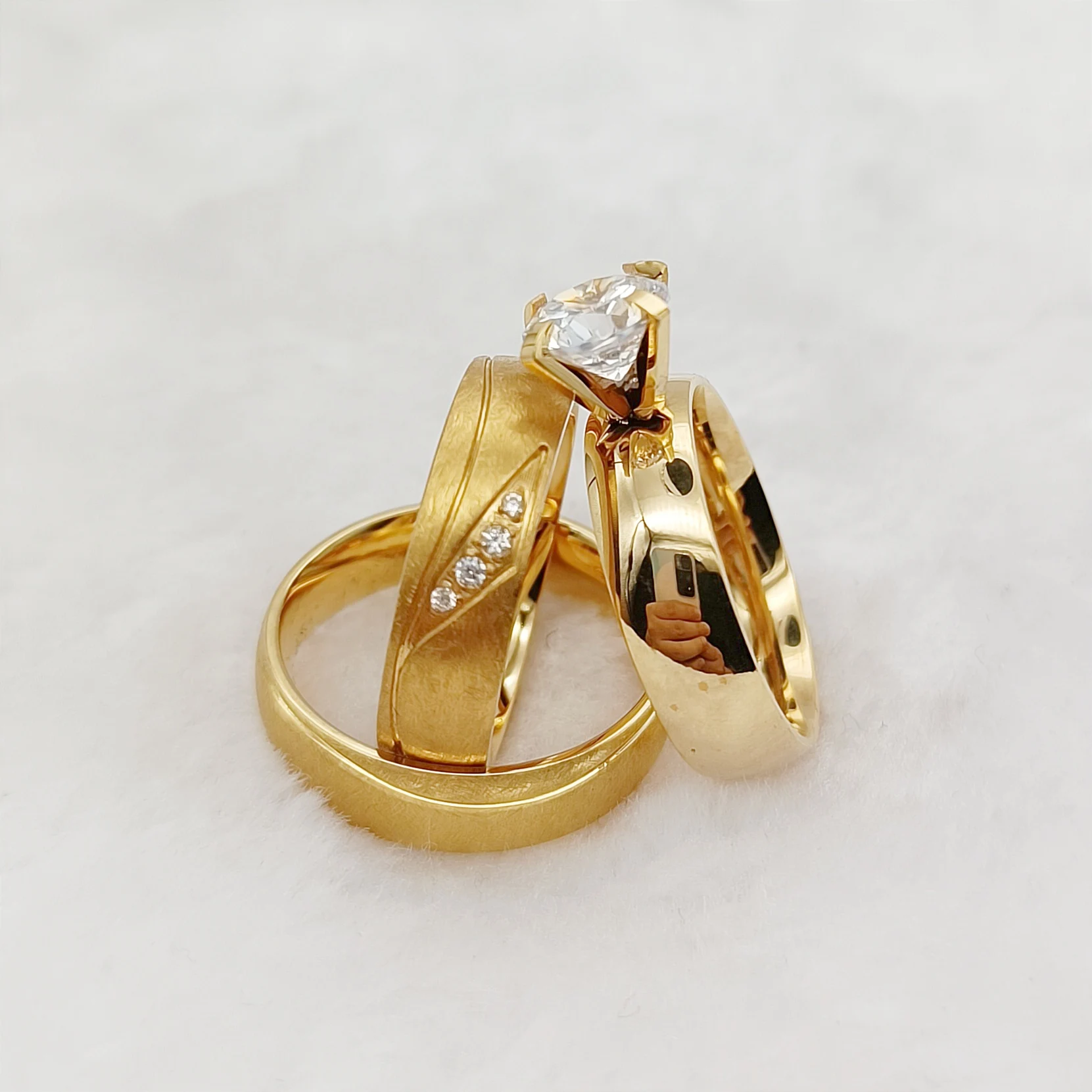 

Latest 3PCS Wedding Engagement Ringe Sets for Couples Men and Women Lovers Matte 24k Gold Plated Jewery Cz Diamond Ring