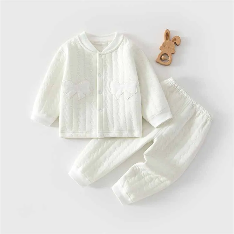 Baby Soft Warm Suits Children Comfortable Single Breasted Long Sleeve Top+Pants 2Pc Outfits Kids Cute Bow Decorative Home Sets