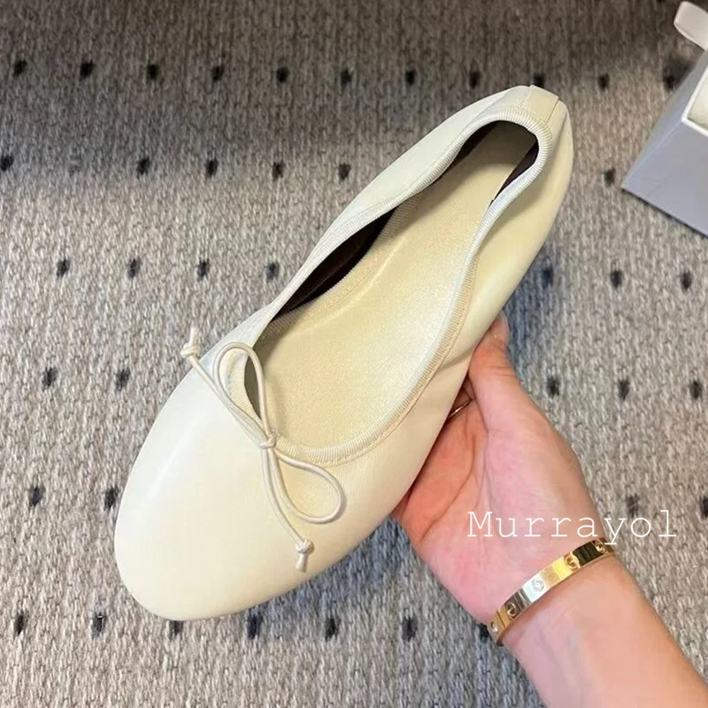 Zapatos de Ballet de cuero genuino con punta redonda para mujer, decoración con nudo de mariposa, zapatos Mary Jane de fondo plano, zapatos individuales versátiles de verano