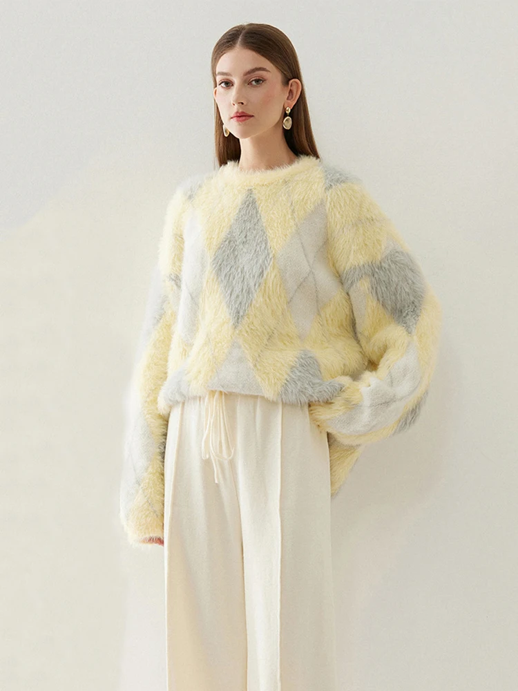 Vintage Diamond Plaid Colorblocked Jumper Fuzzy Knitter Pullover Sweater Crew Neck Loost Fit Autumn Winter Women Outerwear C-024
