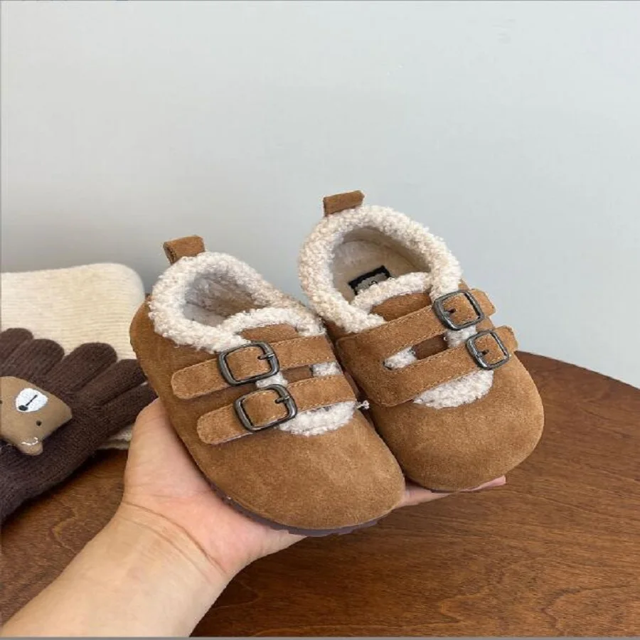 

2024 Winter New Children's Shoes Baby Genuine Leather Casual Shoes Girls' Double Velvet Leather Bucken Boys' Warm Plush Shoes