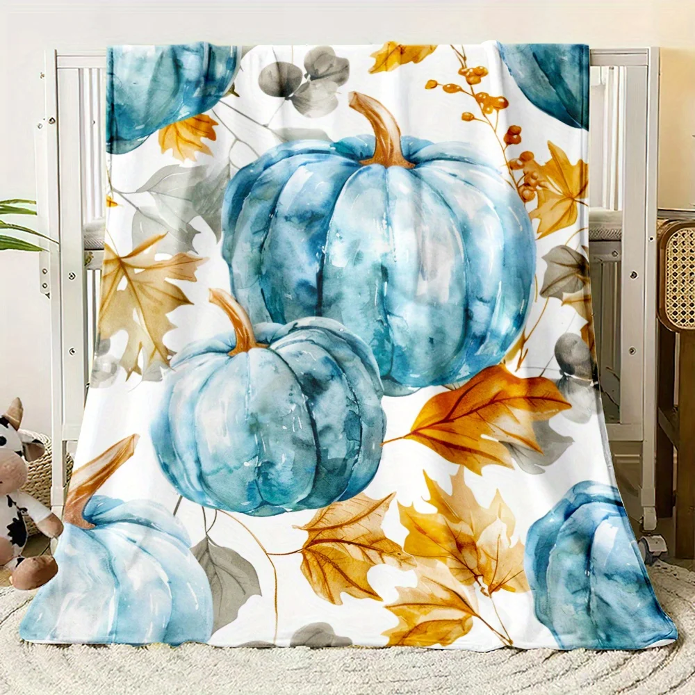 2D Flat Printing, 1pc Watercolor Autumn Style Blanket, Printed with Light Blue Pumpkins, Golden Maple Leaves And Berry Branches,