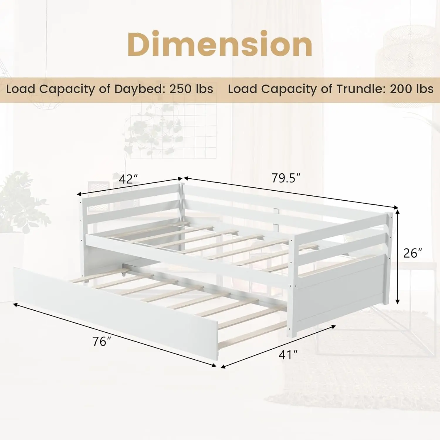 Komfott Twin Bed With Trundle, Wood Daybed Frame With Trundle, No Box Spring Needed Sofa Bed Frame, Twin Size Trundle Bed For