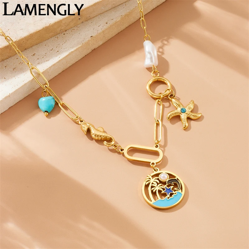 LAMENGLY 316l Stainless Steel Novel Multi-Chain Splicing Design Leisure Ocean Style Sea Star Seahorse Dolphin  Pendant Necklace