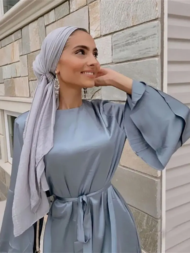 Ramadan Eid Gray Satin Abaya Damen Dubai Islam Muslim Women Dresses Kebaya Kaftan Robe Vestidos Musulmanes Caftan Marocain Femme