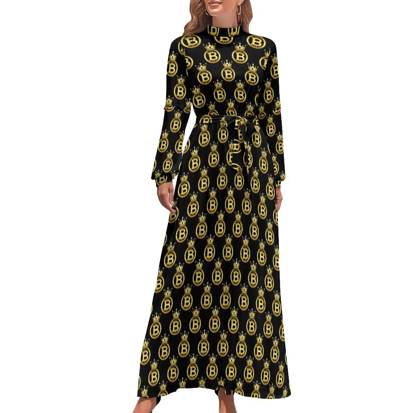 Gold Crown Bitcoin Dress High Neck Cryptocurrency Coin Beach Dresses Long Sleeve Aesthetic Long Maxi Dress Elegant Clothing