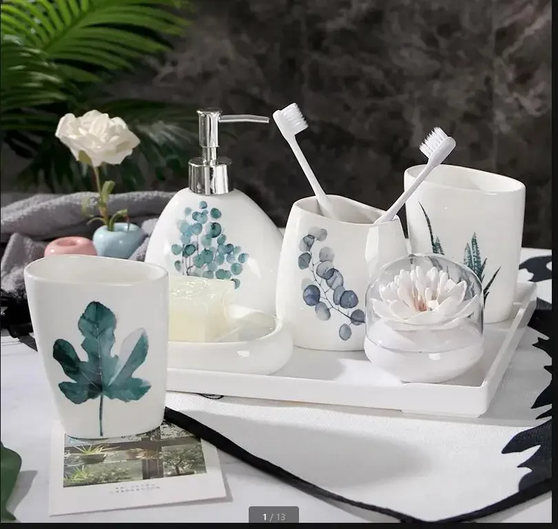 

Green plant Nordic ceramics Bathroom Accessories Set Soap Dispenser/Toothbrush Holder/Tumbler/Soap Dish China Products