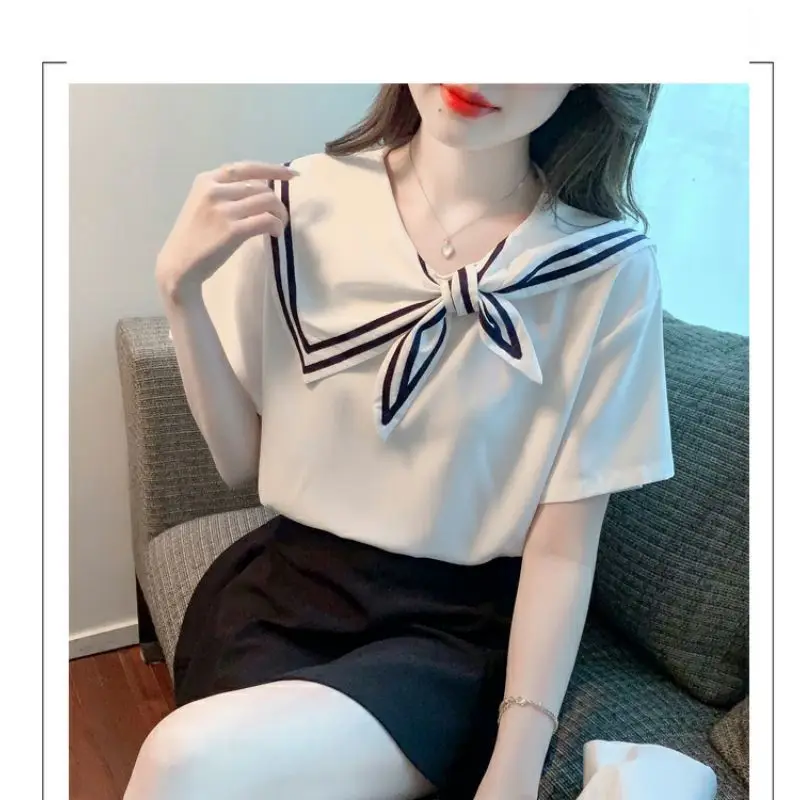 Women\'s Solid Color Summer 2024 New Preppy Style Commuter Sailor Collar England Bow Drawstring Loose Short Sleeved T-shirts Tops