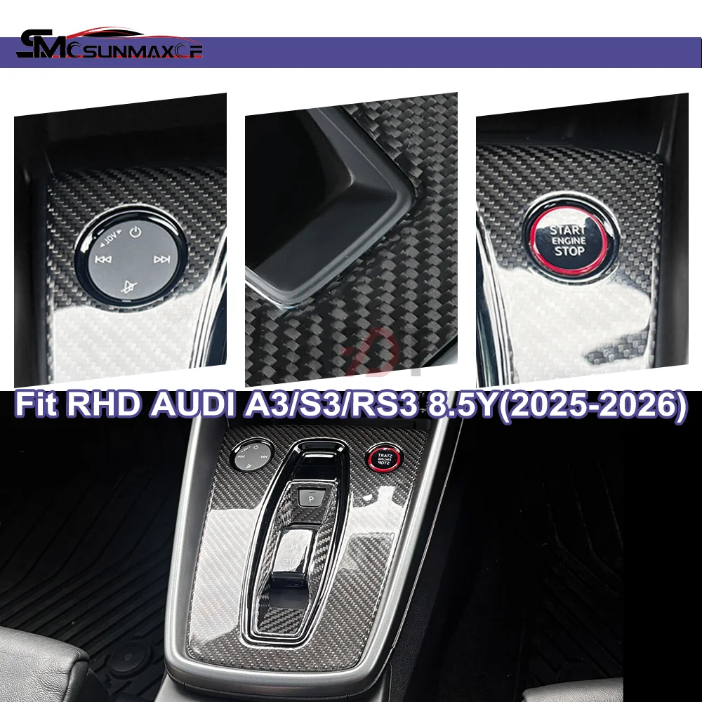 For Audi A3 8.5Y S3 RS3 Facelift 2025-2026 RHD Real Dry Carbon Fiber Center Console Gear Shift Panel Trim Cover Interior Sticker
