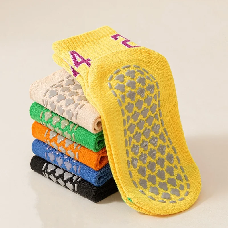 6 double children's non-slip floor socks Trampoline socks Four seasons universal solid color digital trend student indoor socks