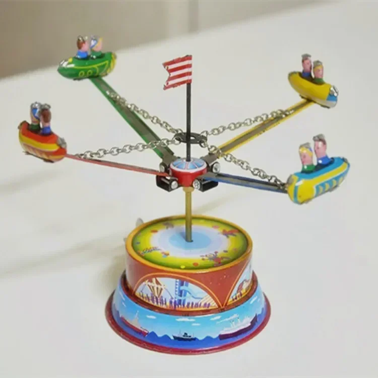 [Funny] Adult Collection Retro Wind up toy Metal Tin amusement park Rotating plane windmil Mechanical Clockwork toy figures gift