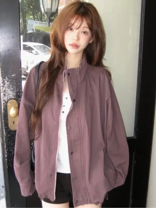 Chic Vintage Oversized Shoulder Drop-Cord Outwear Women's Korean Style Stand Collar Workwear Jacket for Autumn Spring Winter