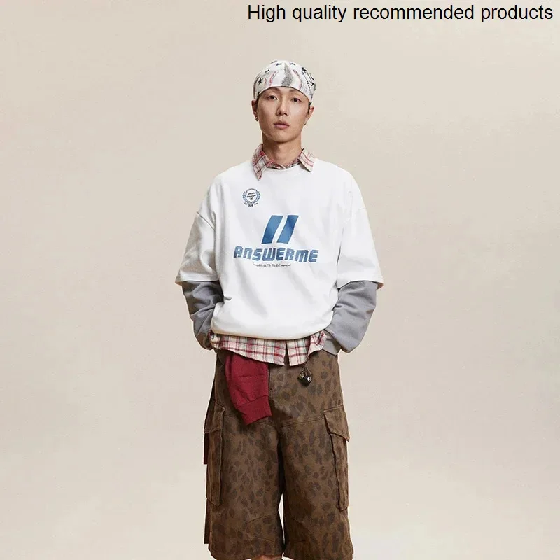 

Japanese Korean Streetwear Cityboy Men Splice Long Sleeve Loose Fashion Pullover Sweatshirt Women Y2k Clothing Tees Shirts Tops